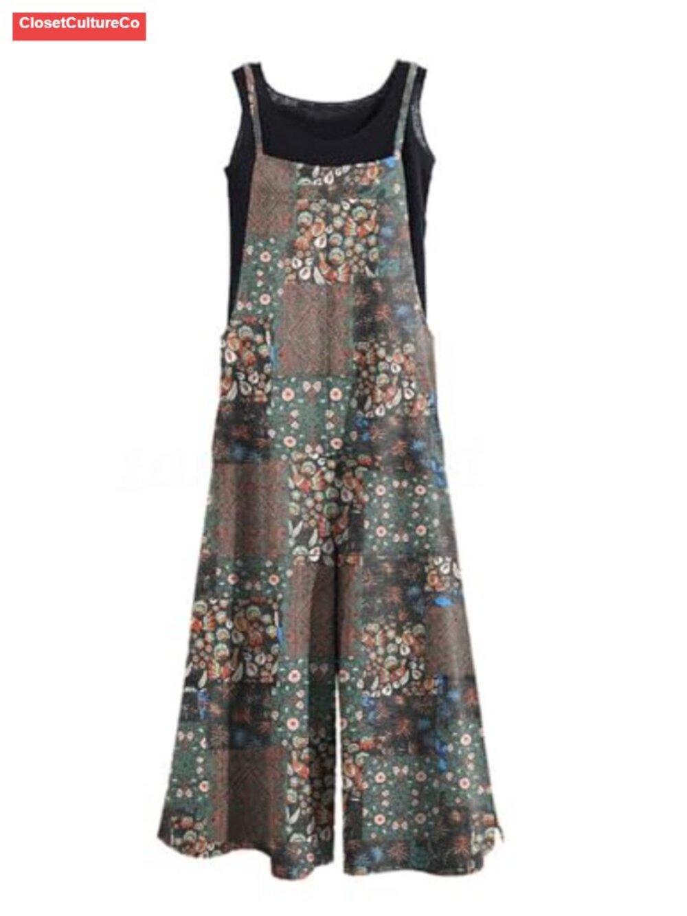 100% Cotton Wide Leg Bib Overalls Jumpsuit Cropped Adjustable Straps